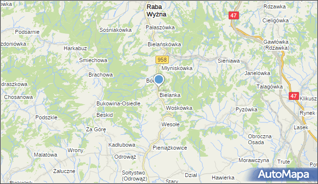 mapa Bielanka, Bielanka gmina Raba Wyżna na mapie Targeo